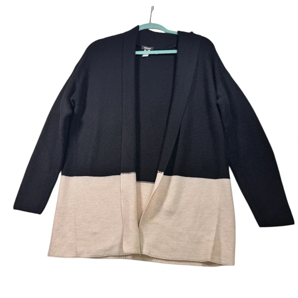KERISMA Colorblock Open Front Cardigan Sweater Black Beige S/M minimalist‎ basic